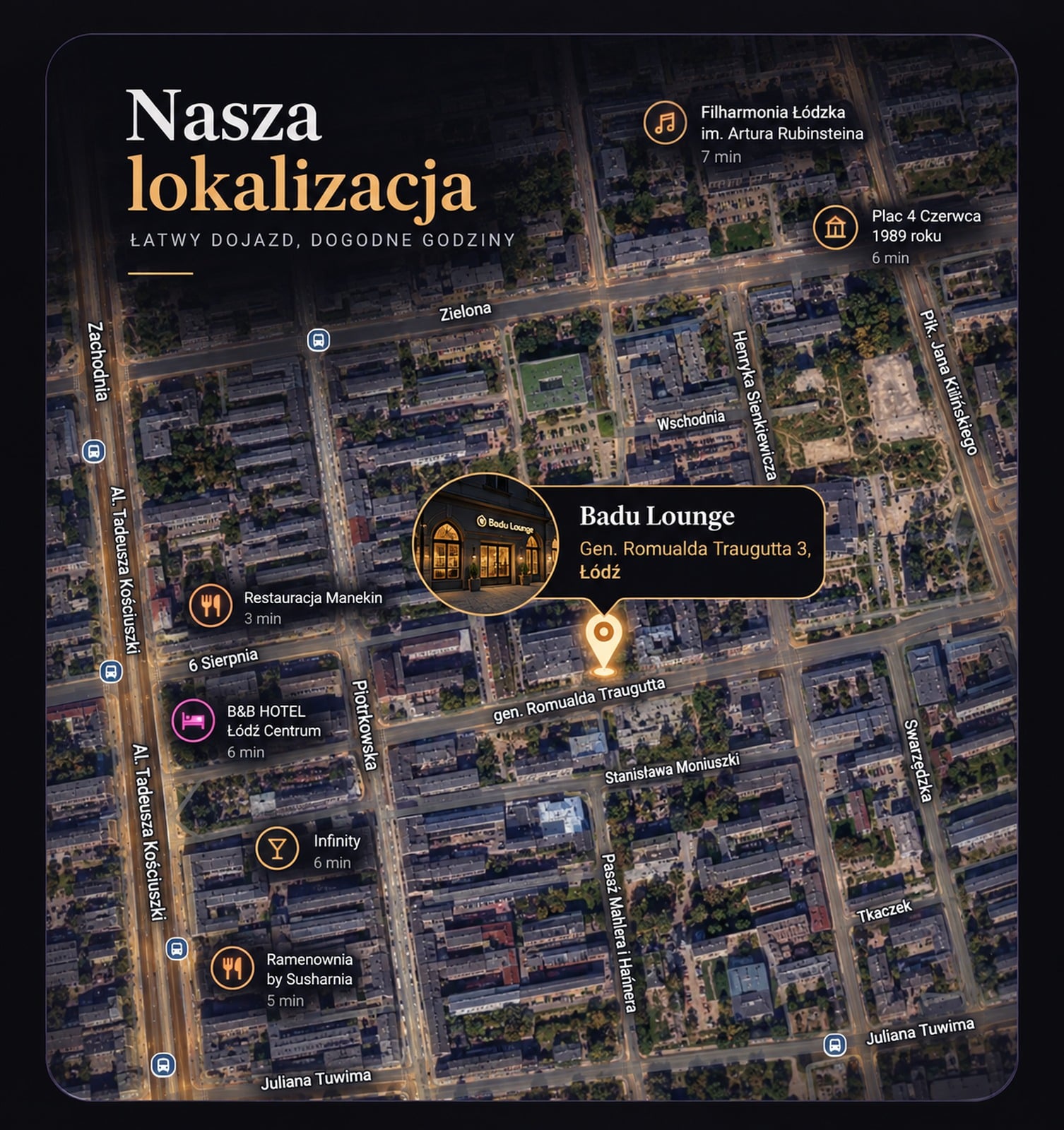 Mapa okolicy z lokalizacją BADU Lounge przy Traugutta 3